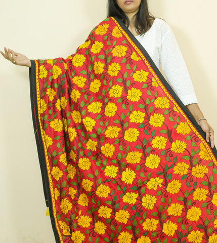Yellow Embroidered Flowers Pure Silk Dupatta