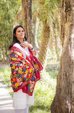 Multicolour Floral Work Pure Silk Dupatta