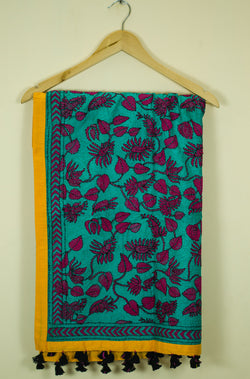 Pink and Sea Green Pure Silk Floral Embroidered Dupatta