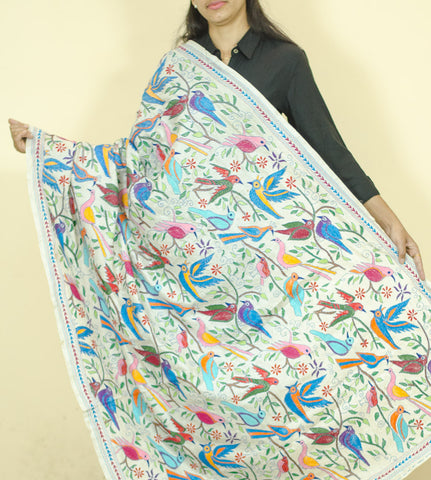 Bright Birds on Pure Silk Dupatta